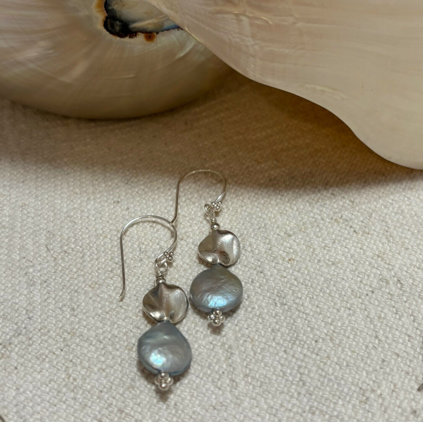 Silver Blue Pearl Drop Earrings | Sacred Jewellery