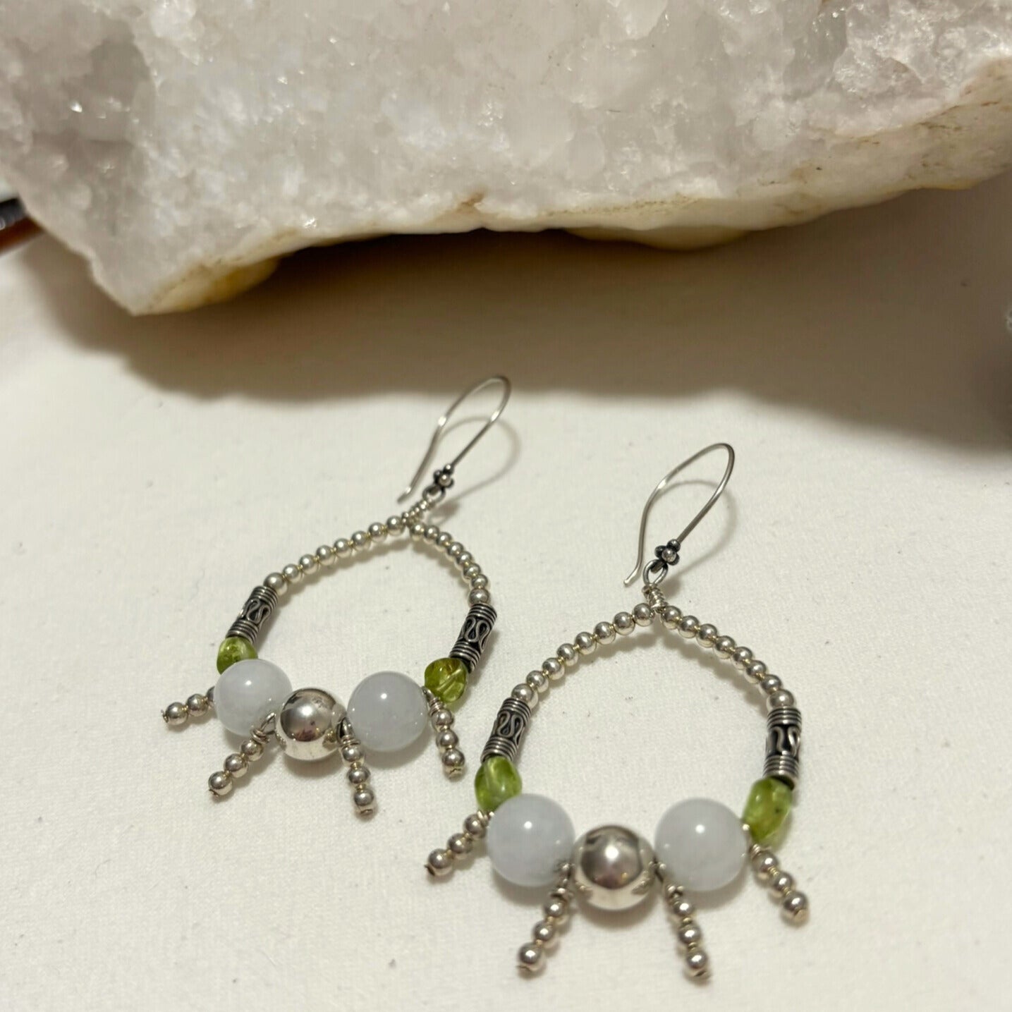 Silver Aquamarine & Peridot Charm Hoops | Sacred Jewellery